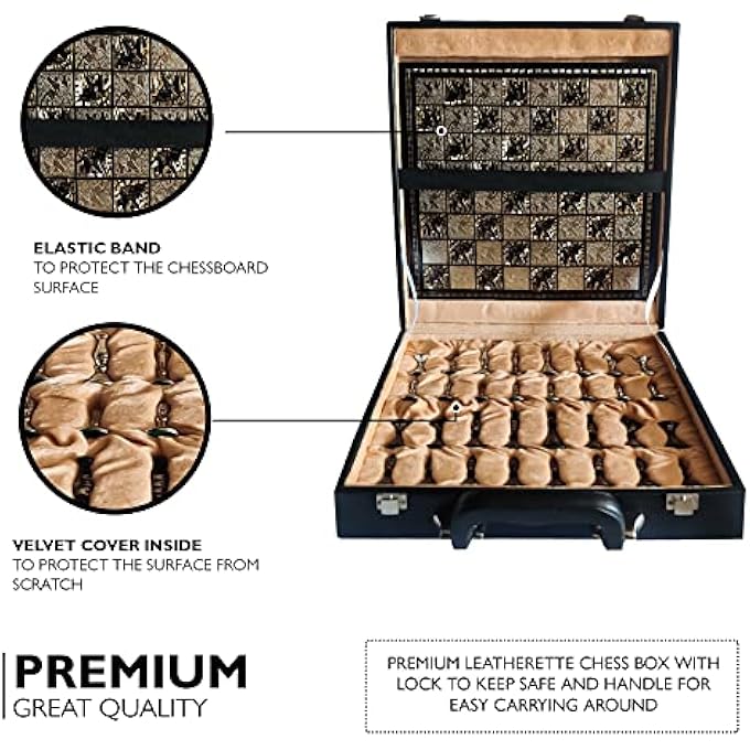 rayihni COLLECTIBLE TRIBAL WARLI ART BRASS CHESS SET IN LEATHER STORAGE BOX. (12 X 12 IN) - Image 3